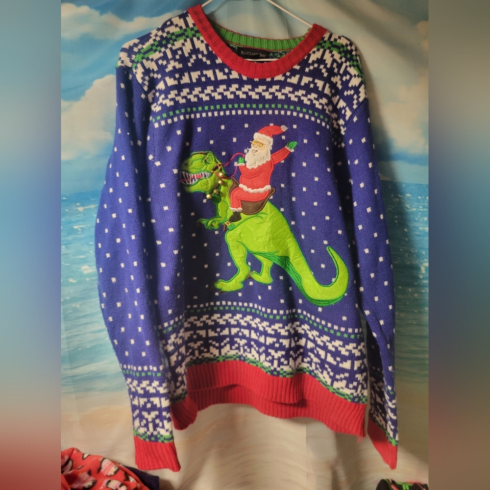 Blizzard Bay NWOT Mens Ugly Christmas Sweater Santa on TRex Size  Large‎ Unisex